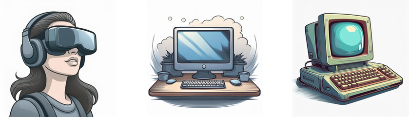 Fototapeta premium Evolution of computing: A woman uses a VR headset, alongside modern and vintage computers. This depicts technological advancements in computing.