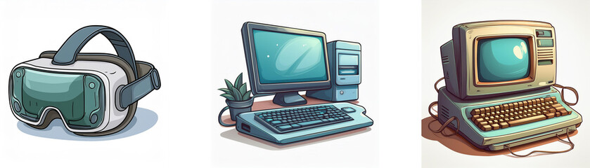 Fototapeta premium Illustration showcasing evolution of computing: VR headset, modern desktop, and vintage computer. Technology, progress, innovation are highlighted.