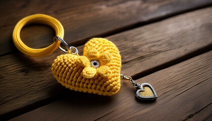 this image showcases a yellow crochet heart keychain adorned with a small floral motif embodying a cheerful and optimistic charm lying on a wooden surface