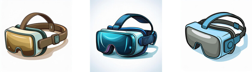Three virtual reality headsets in different colors and styles are shown.  Each headset features adjustable straps for comfortable wear.