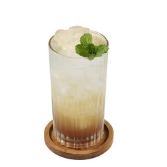 Iced Honey Lemon Tea Refreshing iced honey lemon tea with mint leaf garnish in a glass on a wooden coaster, isolated on white background. Healthy cold drink. © Epictures Studio