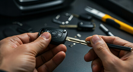 Close-up of car key programming and duplication service by professional automotive locksmith