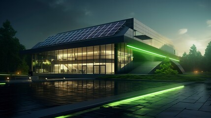 Obraz premium Futuristic laboratory with glowing green chemical reactors and high-tech industrial equipment.