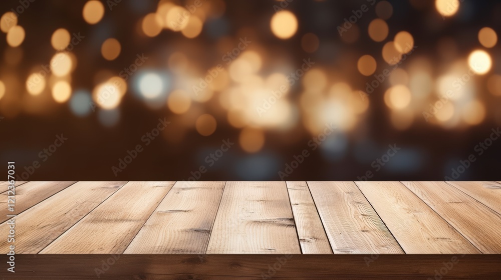 Poster empty white wooden table with soft blurred warm light bokeh background suitable for various design a