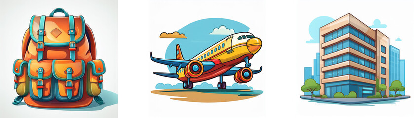 A colorful illustration depicting travel: a backpack, airplane, and city building.  Ready for adventure!