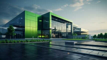 Fototapeta premium Modern eco-friendly office building with green living walls and futuristic design on a rainy day.