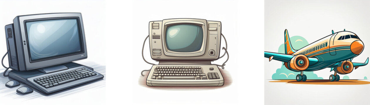 Retro computers and a vintage airplane are depicted in a colorful illustration.  The image evokes feelings of nostalgia and technological advancement.