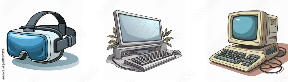 Poster evolution of computing devices: vr headset, modern desktop, vintage computer. shows technological ad