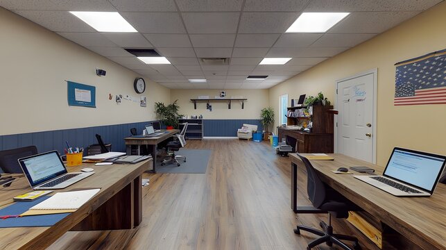 Modern shared workspace office interior,  American flag, startup