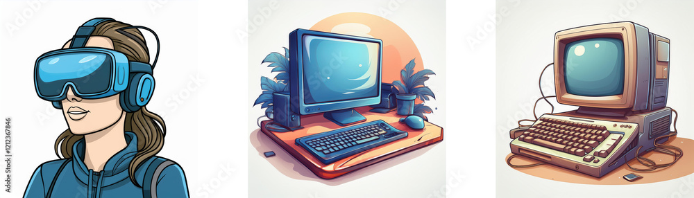 Aufkleber Evolution of computing: A woman using VR, a modern desktop, and a vintage computer.  Showcasing technological advancements.