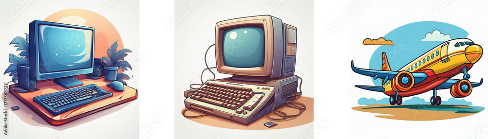 Poster retro illustration featuring vintage computers and a plane. a nostalgic scene blending technology an