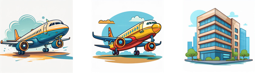 Cartoon illustration showcasing airplanes landing and a city building.  Perfect for travel and urban themes.