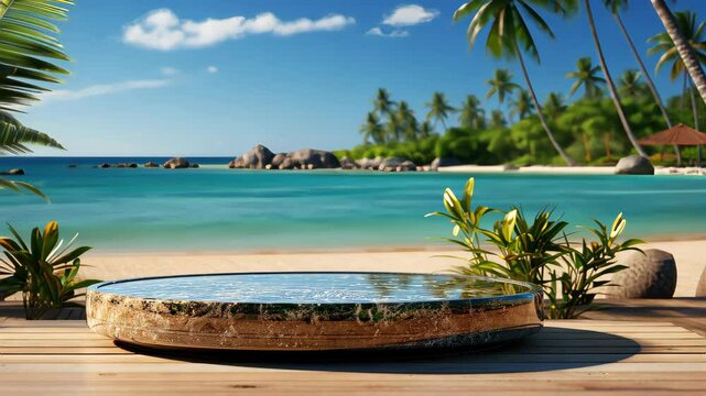 3D render empty luxury podium on blur beach tropical Caribbean  background. 