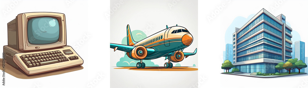 Poster retro computer, airplane, and modern building illustrate progress and technology.