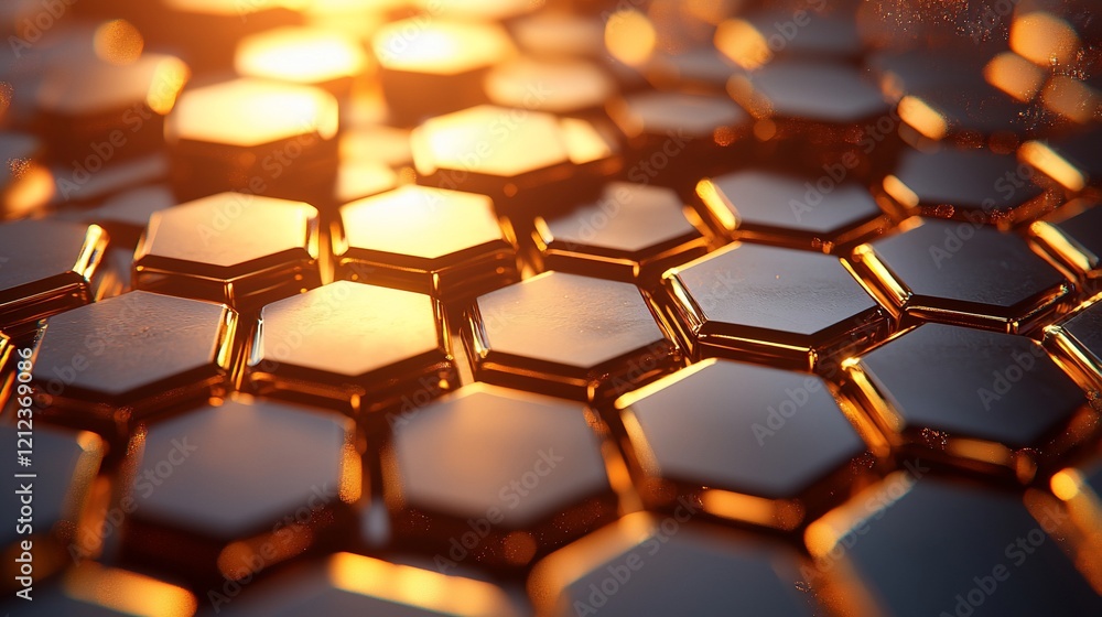 Poster Golden hexagonal grid pattern, abstract background.