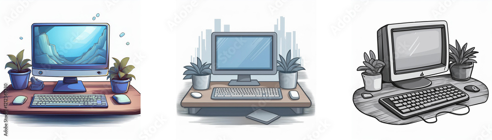 Poster Three computer setups are illustrated, each featuring a desktop computer, keyboard, mouse, and potted plants.  The styles vary slightly, showing different eras of computer design.