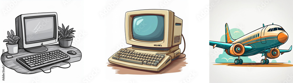 Poster retro computer illustration, grayscale and color versions, alongside a cartoon airplane. a nostalgic