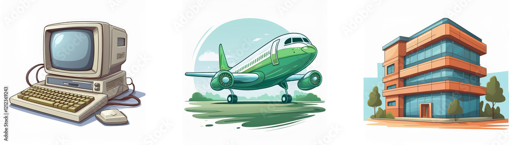 Poster a retro computer, a passenger airplane on a runway, and a modern office building are depicted in a c