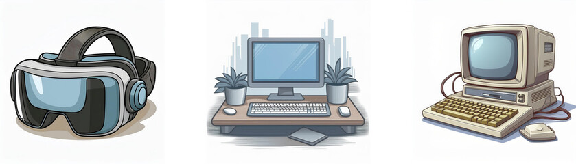 Evolution of computing: VR headset, modern desktop, vintage computer.  Shows technological advancement through time.