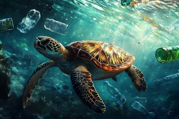 Fototapeta premium turtle swimming with plastic bottles floating in the ocean. World ocean pollution concept