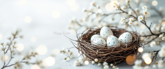 Obraz premium Easter greeting card design with copy space; Easter eggs and spring flovers