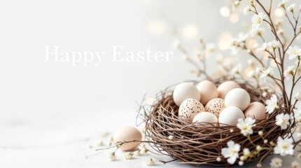 Fototapeta premium Happy Easter; Easter eggs and sprig flower