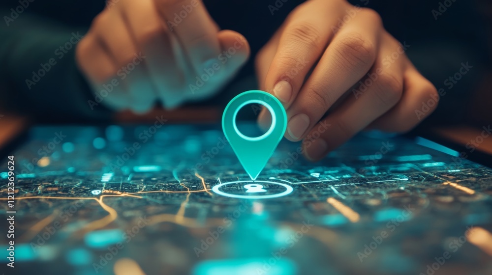 Fototapete individual engaging with interactive digital map interface utilizing locator pin for navigation