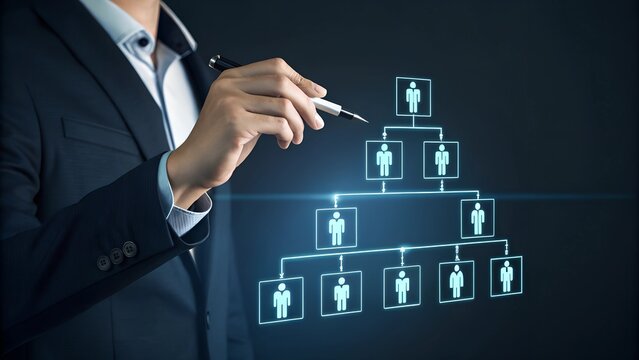 Business workflow process management concept. Workflow automation system with data diagram of the hierarchical structure of departments in business organization. digital transformation.