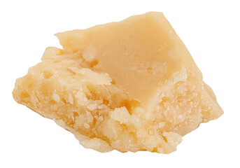 Isolated Parmesan. Piece of parmesan cheese on white background. Fresh cow milk Parmesan or Grana Padano shards.