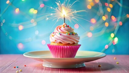 Delicate pink cupcake with a glowing sparkler on top, surrounded by fluffy white frosting and colorful sprinkles in a vibrant dessert plate, dessert, cupcakes