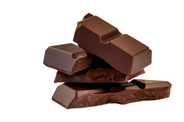 Luxury broken chocolate bar piece isolated on white background. Chocolate chunks Top view. Flat lay