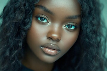Fototapeta premium Long hairdo - curly hair. Commercial marketing idea. Gorgeous calm black girl - for ads, poster and social platforms use. African woman beauty. Gorgeous african american. Long hair glamour.