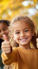 Fototapeta premium Smiling caucasian child giving thumbs up amid autumn foliage