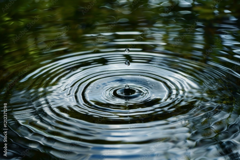 Poster water drop making ripples on the surface of a pond with the reflection of trees in the water