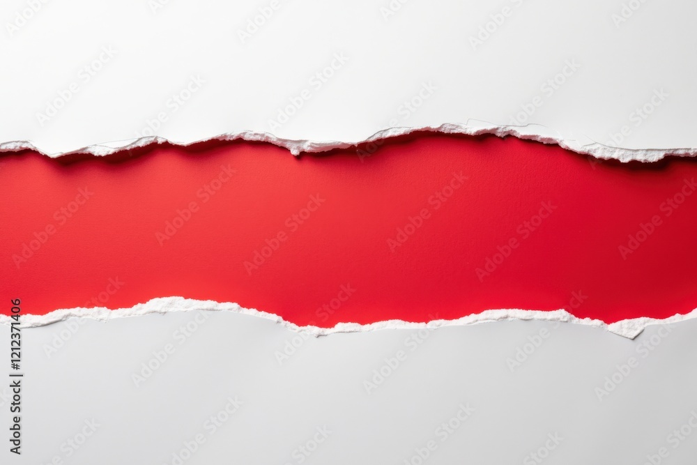 Poster torn paper layer with red background revealing colorful texture under white surface for design and c