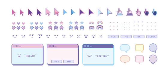 ドット絵　パステルカラーの可愛いインターネット装飾イラストセット　マウスカーソル　ウィンドウ　ピクセル　ファンシー