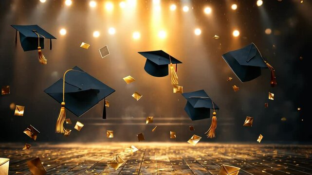 Graduation stage background with black balloons and gold confetti, black caps