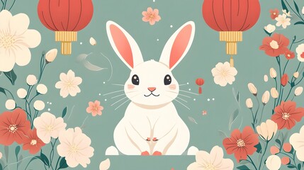 Obraz premium Charming white rabbit under lanterns surrounded by flowers festive setting illustration whimsical style