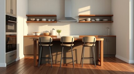 Fototapeta premium light kitchen wooden floor, table with three bar chairs, visible oven and kitchenware on shelf, showcasing vibrant complementary colors and balanced tones