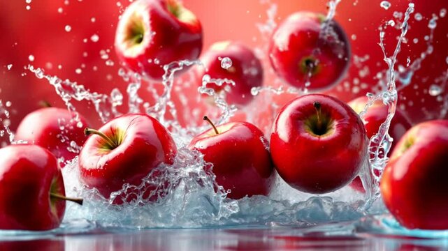 A close-up shot of red apples falling into water, creating a splash effect and capturing their vibrant color.