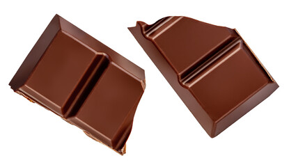 Luxury broken chocolate bar piece isolated on white background. Chocolate chunks Top view. Flat lay