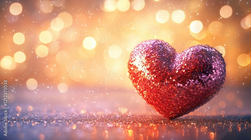 Poster sparkling red heart on glittering surface with bokeh lights.
