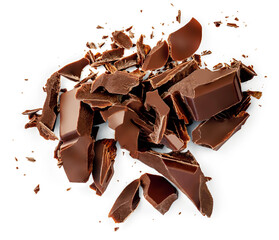 Milk chocolate pieces isolated on white background from top view. Pile of broken chcolate chunks and crumbs