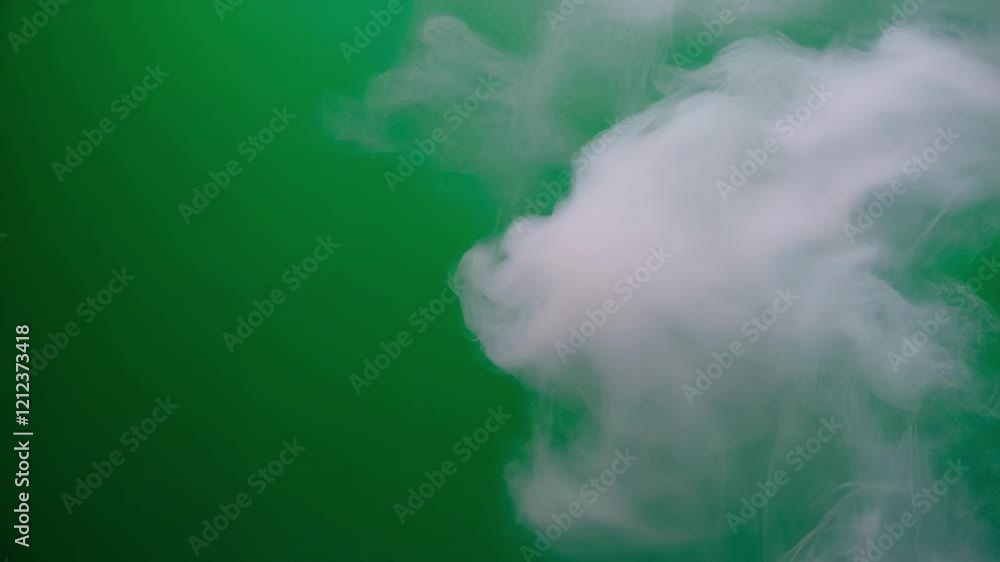 Poster white smoke cloud is slowly expanding and swirling on a vibrant green screen background, creating a 