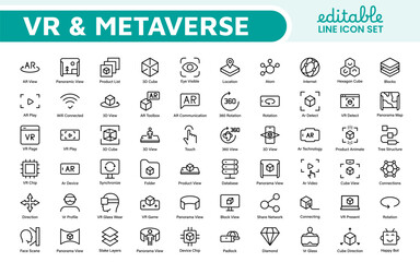 Virtual Reality and Metaverse Icon Set. A cutting-edge collection of icons designed to enhance immersive experiences, perfect for VR apps, gaming platforms, and digital worlds.