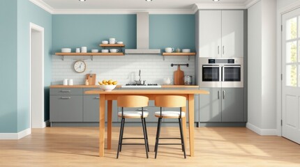 Serene Modern Kitchen: Grey Cabinets, Wooden Island, and Sunlight