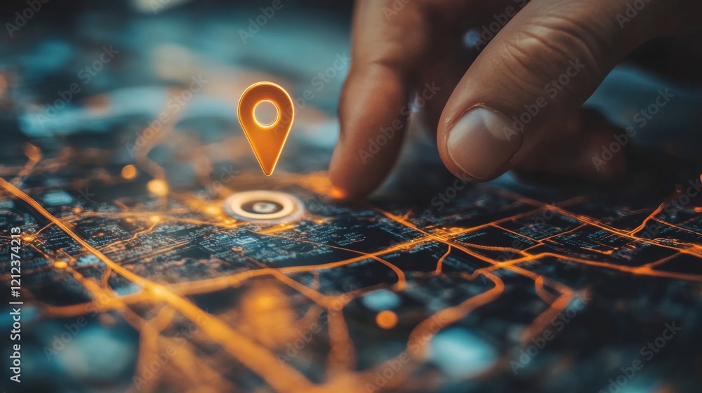 Poster individual engaging with digital mapping interface utilizing locator pin for navigation assistance