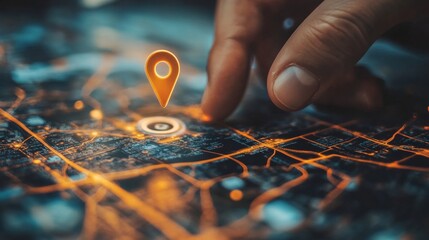 Individual engaging with digital mapping interface utilizing locator pin for navigation assistance