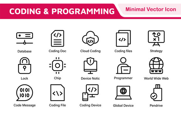 Programming coding set of web icons in line style. Software development icons for web and mobile app. Code, api, programmer, developer, information technology, coder and more.