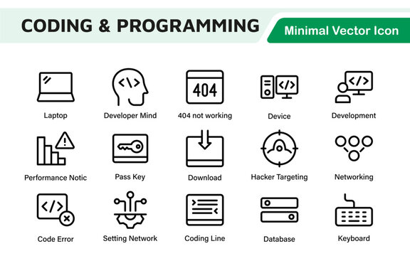 Programming coding set of web icons in line style. Software development icons for web and mobile app. Code, api, programmer, developer, information technology, coder and more.